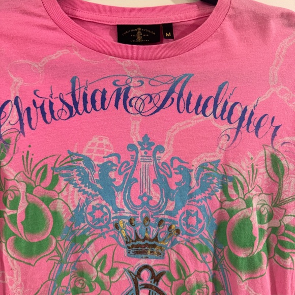 Y2K Christian Audigier Pink Graphic Long Sleeve Tee - size M - Picture 6 of 16